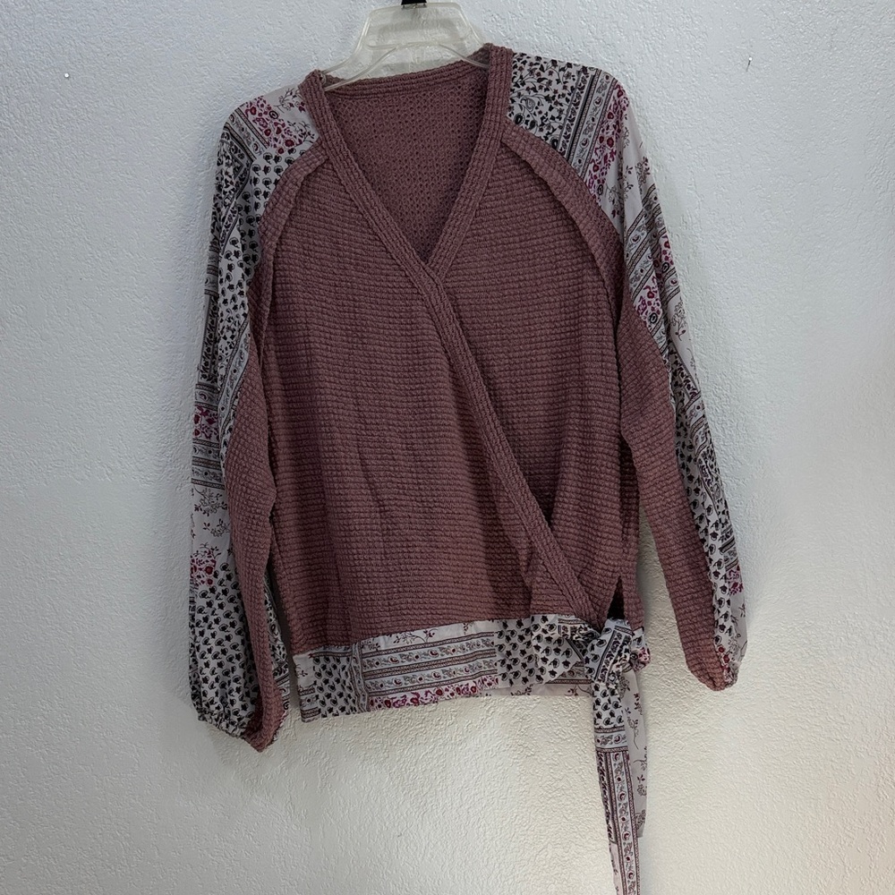 Mauve Waffle Knit Wrap Top with Printed Sleeve Detail and Chunky Tie